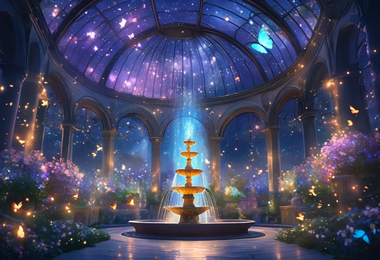 ((Highest quality)),((high-res)),night, Starry Sky, A magical indoor garden, dome, Sparkling water fountain, Lots of flowers, Glowing Butterfly, The background is a garden with petals and papas flying around
