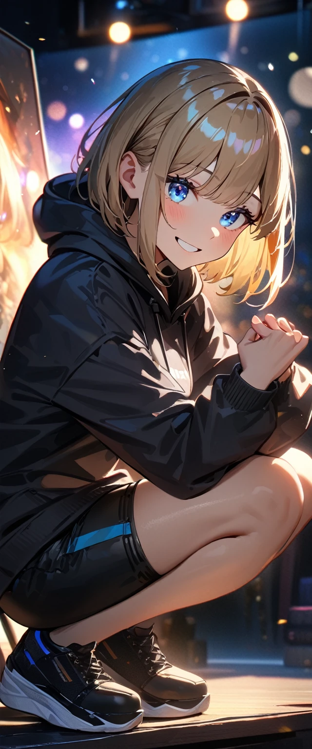 (((One girl))), Shibuya, streat, blond hair, bob cut, (looking at viewer), (((full body))), squatting, head rest, breasts, ager, head tilt:1.3, (((blue eye))), constricted pupils, (from side:1.3), ((happy smile)), (((black hoodie:1.3, black shorts:1.3))), bare legs, ((black platform sneakers)), anime style, (best quality, 4k, 8k, highres, masterpiece:1.2, ultra-detailed, ultra-detailed eyes, HDR, UHD, studio lighting, ultra-fine painting, sharp focus, physically-based rendering, extreme detail description, professional, vivid colors, bokeh)