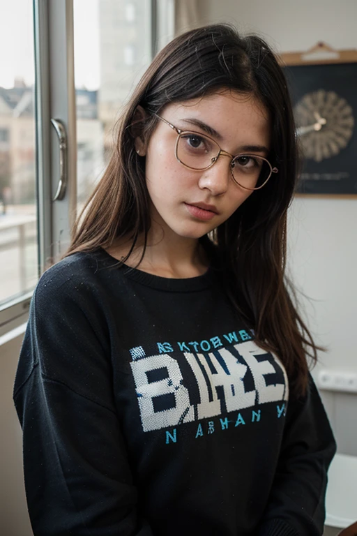 girl with straight black hair wearing a blue sweater and round glasses
