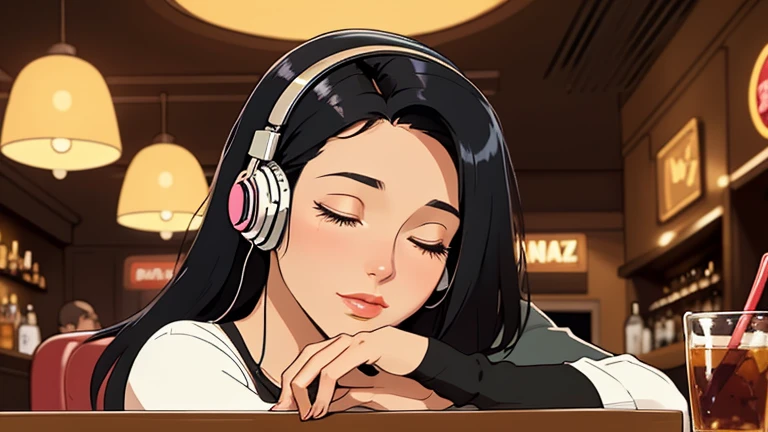 Beautiful woman in her 30s with black hair is sitting with headphones in a jazz bar. Looking down, eyes closed, LOFI girl, relaxing mood, cozy, only five fingers, Paris city, Well-proportioned face, female Beautiful fingers,