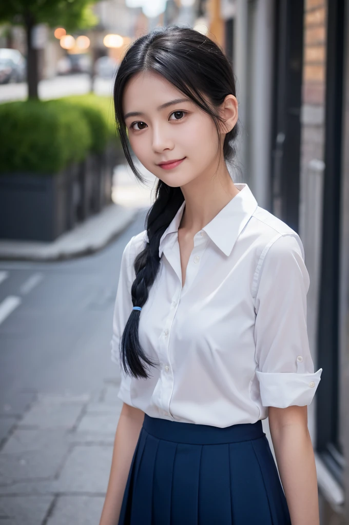 White shirt,Dark blue flared skirt,26 years old,OL,Black Hair,Straight Hair,ponytail,Dark Eyes,Small Face,Clean eyes,Small Mouth,slender,Young face,Lori,Flat chest,Shopping Street,live-action,Realistic photos,8K,Smile,Ultra HD,Standing posture,whole body,bag,A sweet face,