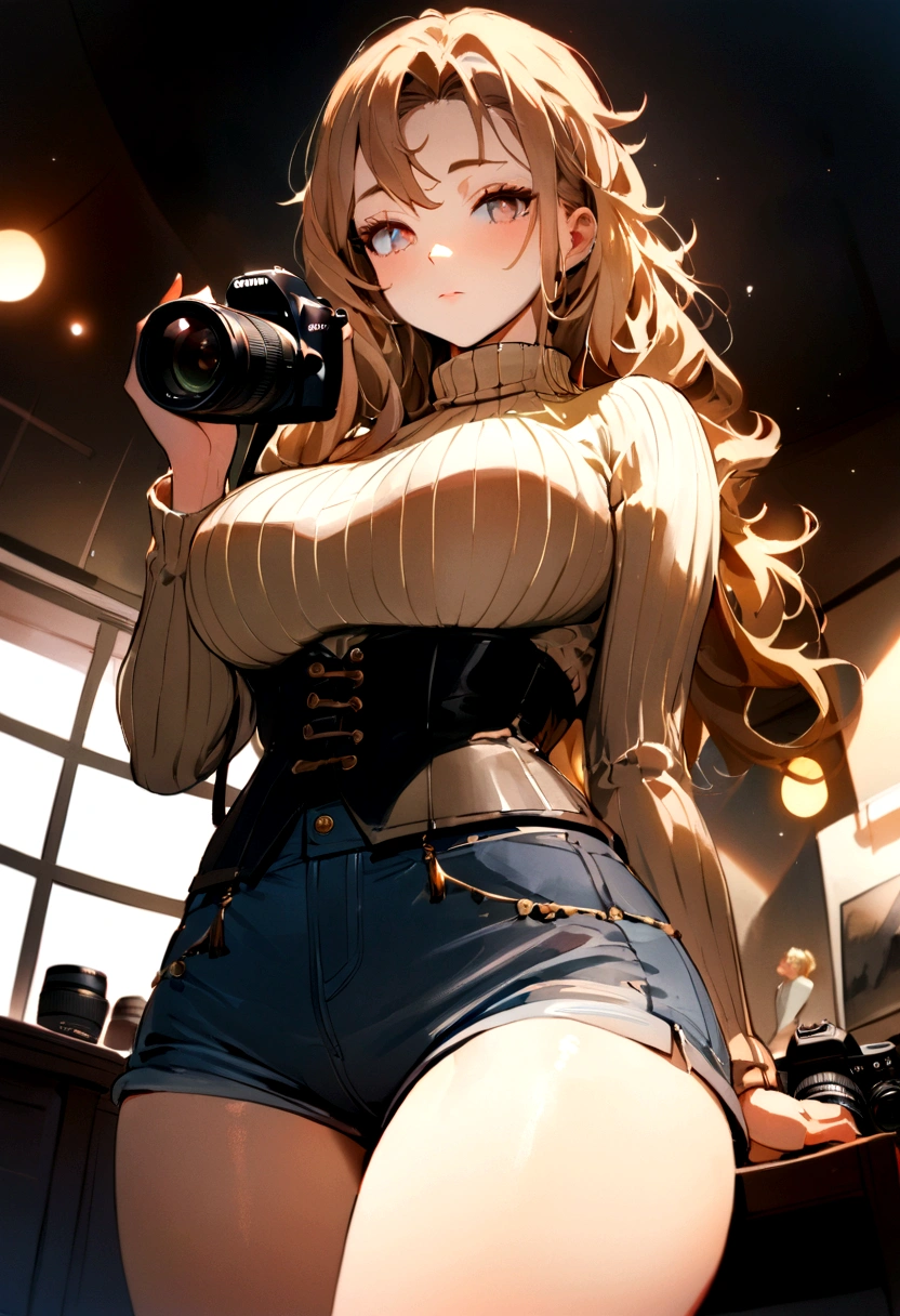 (), Big Breasts,(masterpiece), Highest quality, Very detailed, (watercolor), bloom, Delicate and beautiful, figure, (From below),(One girl:1.4), (alone:1.2), Large Breasts, (Ribbed sweater:1.3), Off-the-shoulder sweater, (Short shorts:1.2), Bare shoulders, (Underbust), ((Dark Skin:0.8)), Beautiful Eyes, (Disheveled Hair ), photograph, Over the shoulder shot, Alex Maleev, Professional, Canon Camera, Nikon Camera, sharp, Bokeh, Studio Quality, Fisheye Lens, Robert Capa ,