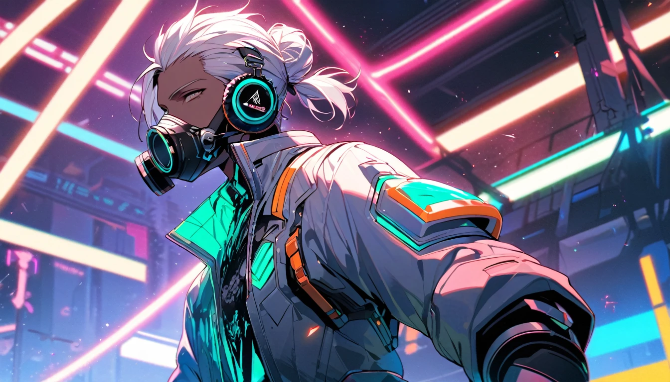 Handsome, single, male, hair tied back into a bun, dark skin, white hair, headphones, neon colored sci-fi robot suit. Mix sci-fi and neon tones. Behind it is a robot with neon lights. The background image is a large robot, clearly visible, singing on stage. Wear a gas mask, neon shirt.