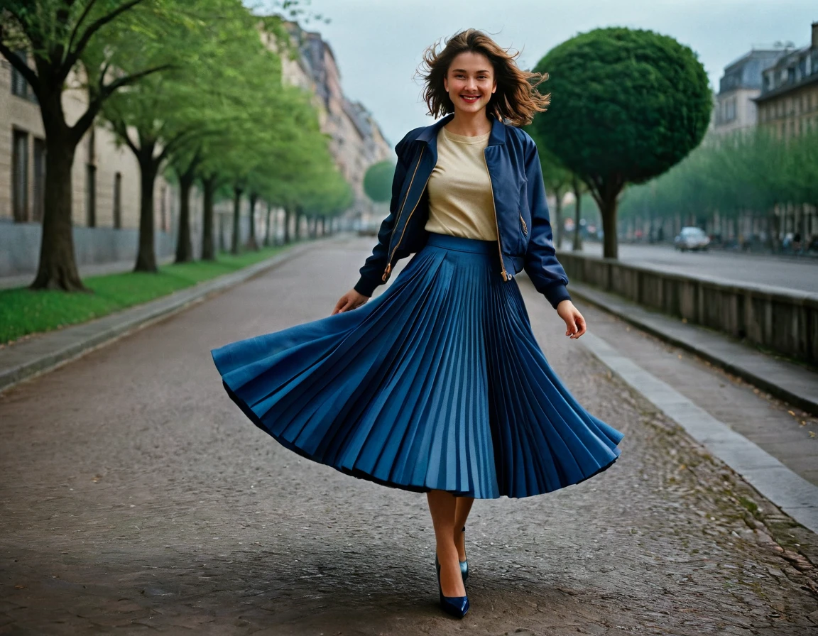 A smiling, authentic, (shy:1,3), kind, beautiful woman, is passionately in love with her skirt, wind lifts her skirt, wearing uniform jacket and very, very detailed (long (fully pleated) full circle skirt) and (low heeled court shoes), very, very intricate hyper-detailed symmetric (attractive graceful young feminine face) with (sad, tired eyes and a loving smile), very voluptuous breasts, full of empathy and compassion and love, (pronounced (feminine) features), (highly detailed ultra accurate realistic) hands and fingers, (windy), epic composition, highly detailed attributes, (35mm f1.4 Kodak portra 400 photograph), extremely high quality RAW photograph, highly detailed atmosphere, sci-fi, cinematic shot, dynamic lighting, 75mm, Technicolor, Panavision, cinemascope, sharp focus, fine details, 8k, HDR, realism, realistic, key visual, film still, superb cinematic color grading, depth of field