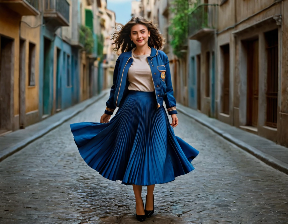 A smiling, authentic, (shy:1,3), kind, beautiful woman, is passionately in love with her skirt, wind lifts her skirt, wearing uniform jacket and very, very detailed (long (fully pleated) full circle skirt) and (low heeled court shoes), very, very intricate hyper-detailed symmetric (attractive graceful young feminine face) with (sad, tired eyes and a loving smile), very voluptuous breasts, full of empathy and compassion and love, (pronounced (feminine) features), (highly detailed ultra accurate realistic) hands and fingers, (windy), epic composition, highly detailed attributes, (35mm f1.4 Kodak portra 400 photograph), extremely high quality RAW photograph, highly detailed atmosphere, sci-fi, cinematic shot, dynamic lighting, 75mm, Technicolor, Panavision, cinemascope, sharp focus, fine details, 8k, HDR, realism, realistic, key visual, film still, superb cinematic color grading, depth of field