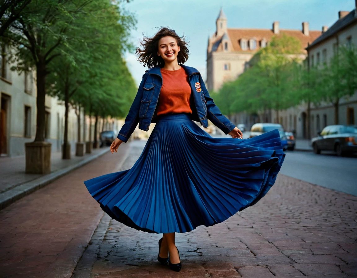 A smiling, authentic, (shy:1,3), kind, beautiful woman, is passionately in love with her skirt, wind lifts her skirt, wearing uniform jacket and very, very detailed (long (fully pleated) full circle skirt) and (low heeled court shoes), very, very intricate hyper-detailed symmetric (attractive graceful young feminine face) with (sad, tired eyes and a loving smile), very voluptuous breasts, full of empathy and compassion and love, (pronounced (feminine) features), (highly detailed ultra accurate realistic) hands and fingers, (windy), epic composition, highly detailed attributes, (35mm f1.4 Kodak portra 400 photograph), extremely high quality RAW photograph, highly detailed atmosphere, sci-fi, cinematic shot, dynamic lighting, 75mm, Technicolor, Panavision, cinemascope, sharp focus, fine details, 8k, HDR, realism, realistic, key visual, film still, superb cinematic color grading, depth of field