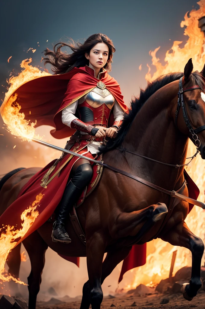 standing horse with a red cape and a sword on fire