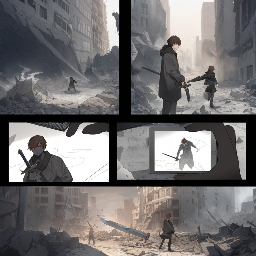 ((highest quality)), ((masterpiece)), ((detailed)), a man with brown hair, gray eyes, and black skin holding a sword, comic e-book storyboard, facing creatures of shadow and smoke with red eyes, in a city destroyed and filled with rubble