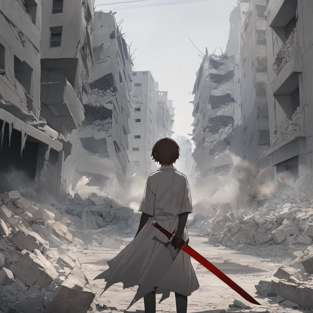 ((highest quality)), ((masterpiece)), ((detailed)), a man with brown hair, gray eyes, and black skin holding a sword, comic e-book storyboard, facing creatures of shadow and smoke with red eyes, in a city destroyed and filled with rubble
