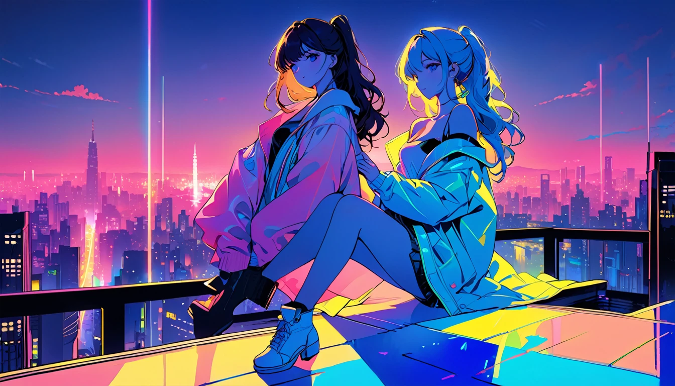 masterpiece,Highest quality,1 Synthwave girl,Blue outline,Neon cityscape,Blue fluorescent paint,solo,From below,Cowboy Shot,Sitting on the roof of a building,Highly detailed CG,Flat Color,Limited palette,Line art,silhouette,Partially colored,Alternate Color,Dynamic Angle,Water hair long hair、Blue long upper champagne,Dark purple shadow,Synth Wave,chromatic aberration,(soloフォーカス)、Perfect Shadow、Wearing an off-the-shoulder floating jacket、Delicate face、、Beautiful and delicate eyes、Delicate background、Blue Neon Light、night、