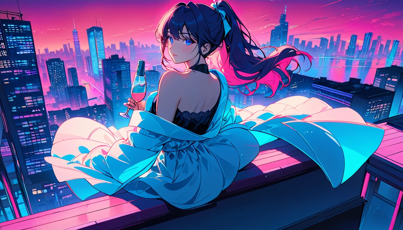 masterpiece,Highest quality,1 Synthwave girl,Blue outline,Neon cityscape,Blue fluorescent paint,solo,From below,Cowboy Shot,Sitting on the roof of a building,Highly detailed CG,Flat Color,Limited palette,Line art,silhouette,Partially colored,Alternate Color,Dynamic Angle,Water hair long hair、Blue long upper champagne,Dark purple shadow,Synth Wave,chromatic aberration,(soloフォーカス)、Perfect Shadow、Wearing an off-the-shoulder floating jacket、Delicate face、、Beautiful and delicate eyes、Delicate background、Blue Neon Light、night、