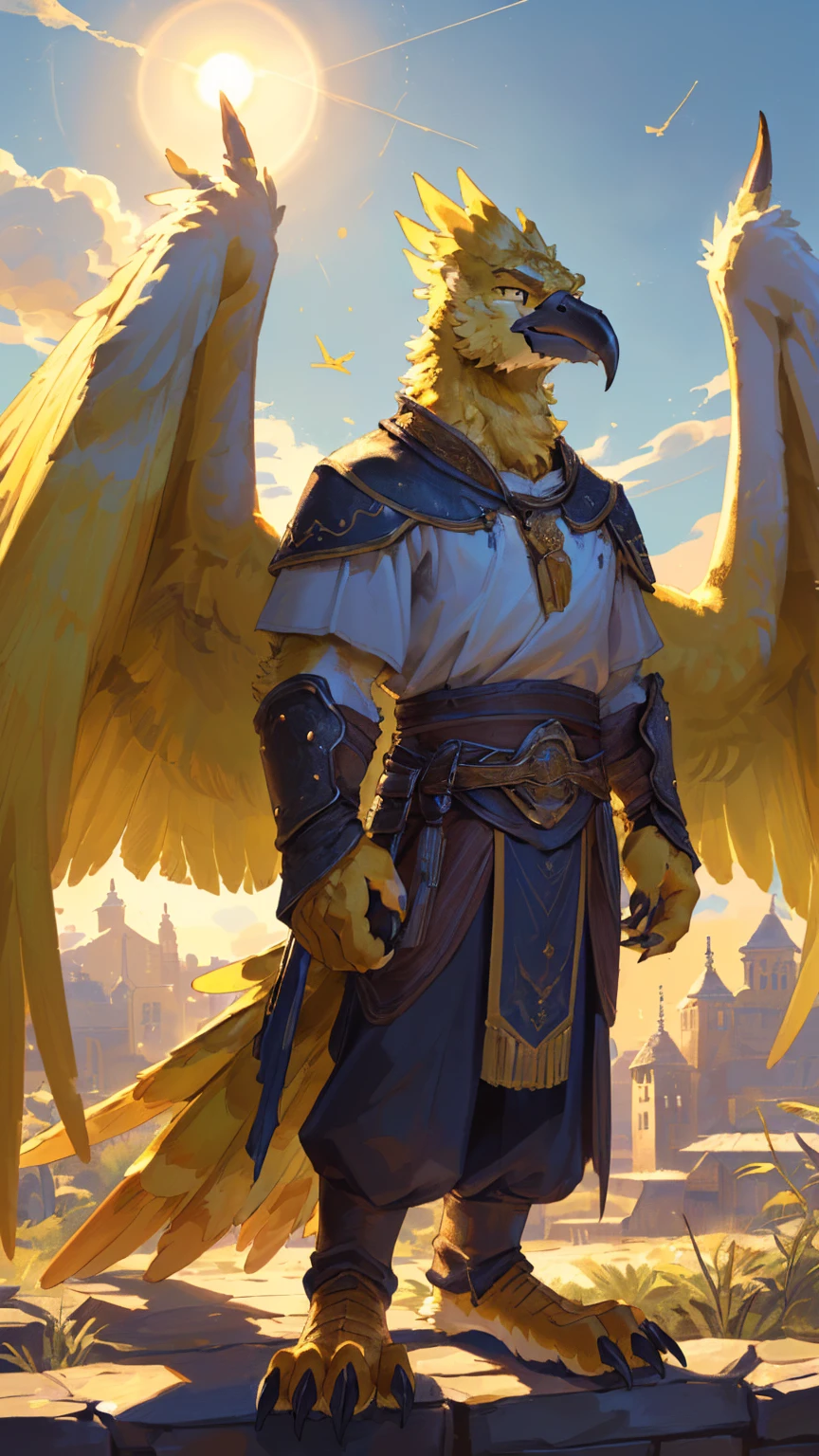 ((middle Ages:1.3))，【Sky background:1.6】，(Royal Family:1.2)，((sunny:1.4))，high resolution，4K，【9:16 Whole body:1.1，posture:1.5】，masterpiece，high quality，((Griffin))，male，Furry，(teenager:1.3)，hairy，((Fierce and vicious:1.4))，(((，Lean:1.2，Big Wings:1.3，Bird paws:1.3)))，(((White upper body:1.4，White Wings:1.3，Yellow pupil:1.2，Yellow bird claws:1.3，Lower Body:1.3)))，((No shirt，No underwear))，Exquisite eyes，Detailed body，Detailed claws，Detailed feet，Kenket&#39;s Art