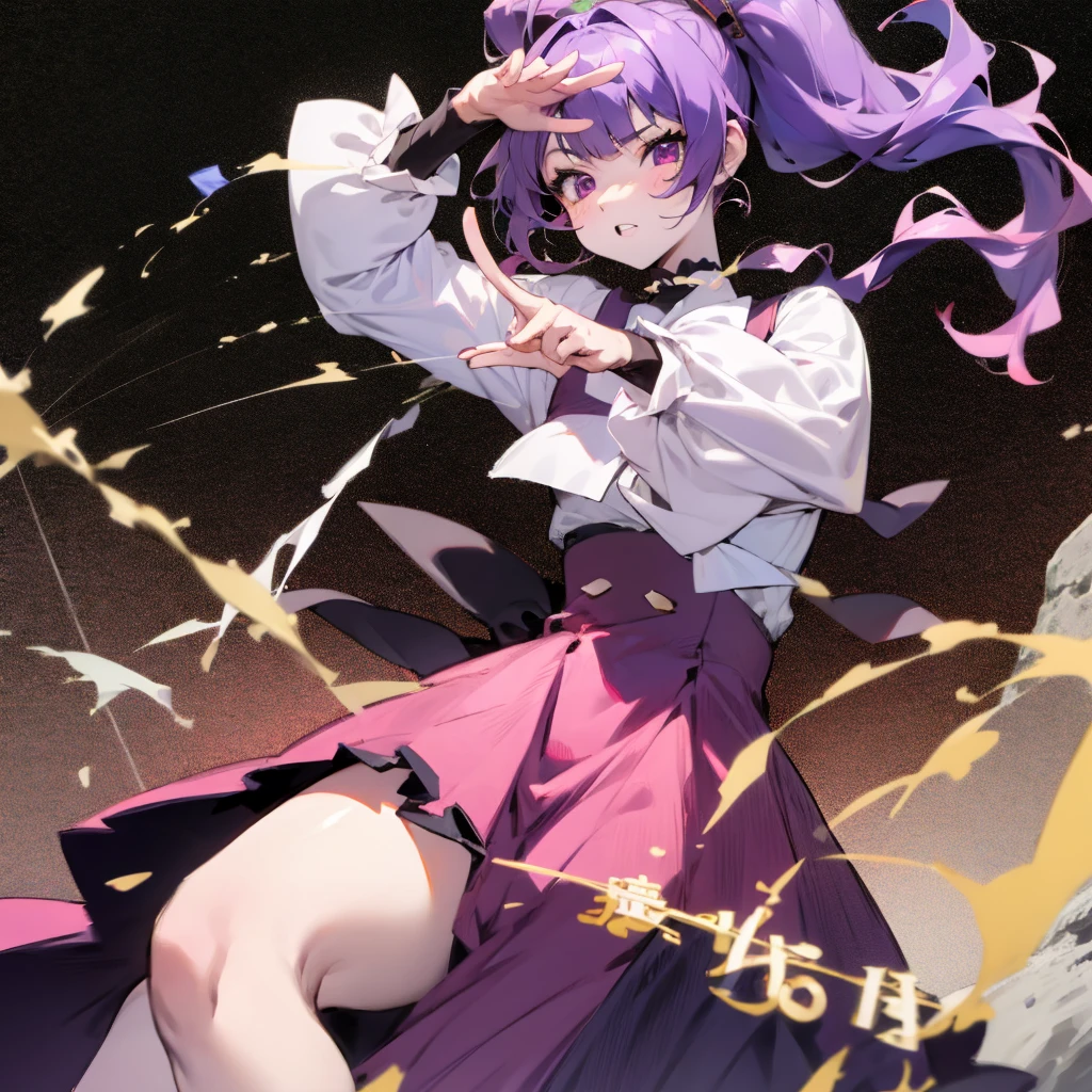 A 20-year-old Japanese girl with long purple hair and one purple eye and one black eye. She plays in a rock band and usually wears black-pink loli dresses. She has pale skin