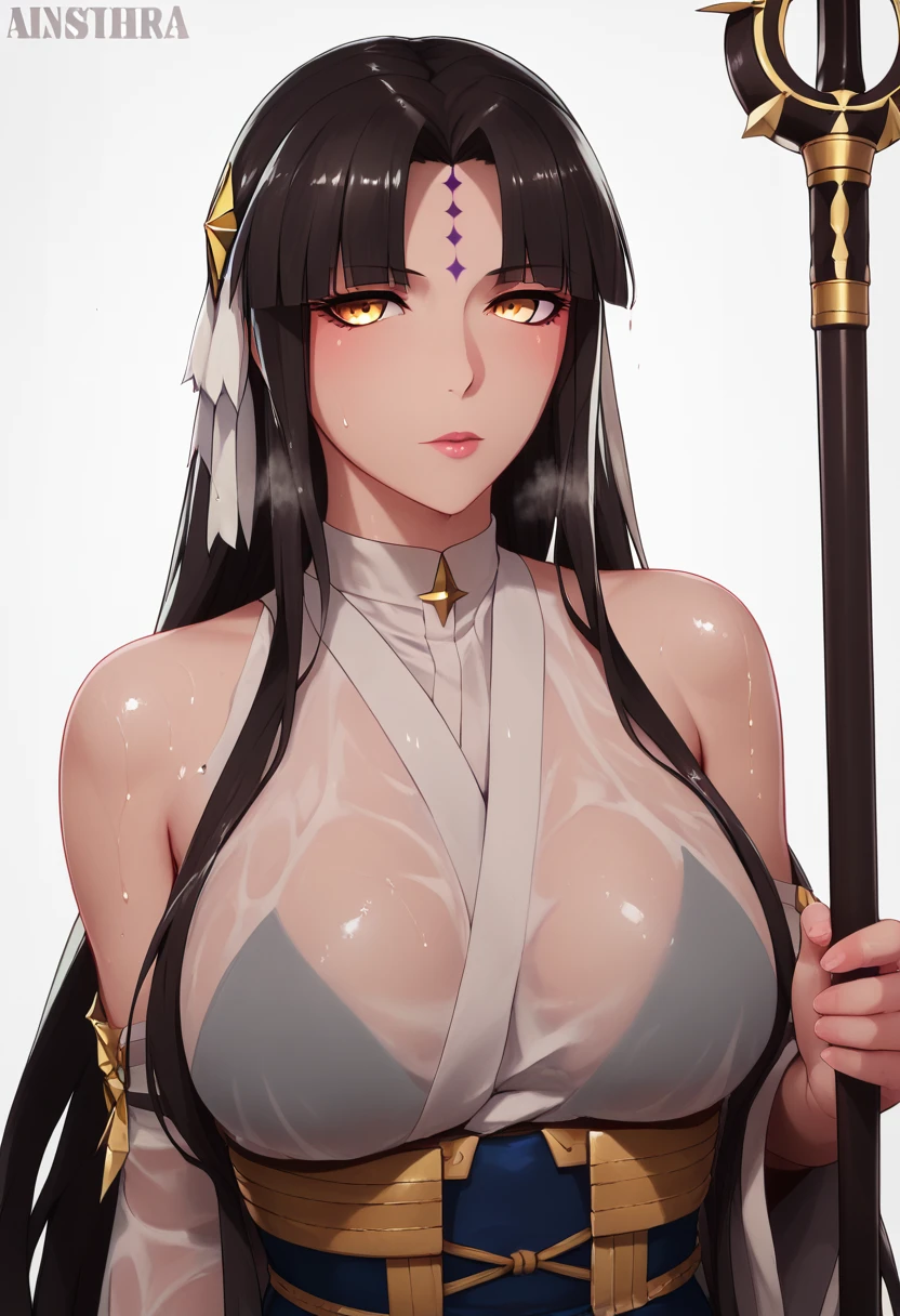 score_9, score_8_up, score_7_up, score_6_up, uncensored, Michiko_Tanaka, absurdly long hair, golden eyes, black hair, very long hair, parted bangs, forehead mark, lips, shiny skin, sweating, wet, wet hair, steaming body, heavy breathing, BREAK (masterpiece:1.2), best quality, high resolution, unity 8k wallpaper, (illustration:0.8), (detailed eyes:1.6), perfect lighting, extremely detailed CG, (perfect hands, perfect anatomy), porn, 3d, 1girl, breasts, staff, holding, holding_staff, snowflakes, snowy, cinematic,
