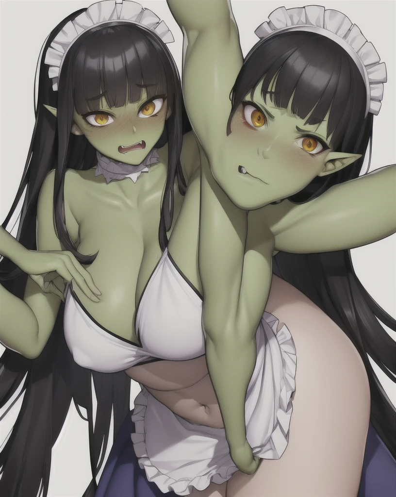 twitchemote, goblin girl, green skin, colored skin, black hair, short hair with long locks, blunt bangs, amber eyes, tsurime eyes, (embarrassed:1.2) expression, fang, upper teeth, blush, maid apron, maid headdress, beautiful 8k wallpaper, masterpiece, best quality, cowboy shot, white background nude, solo, lying on back, legs spread, pussy, anus, nipples, navel, looking at viewer, score_9, score_8_up, score_7_up, score_6_up, score_5_up, score_4_up, (mother and dad:1.5) ((both having sex)) ((standing and carrying sex position))