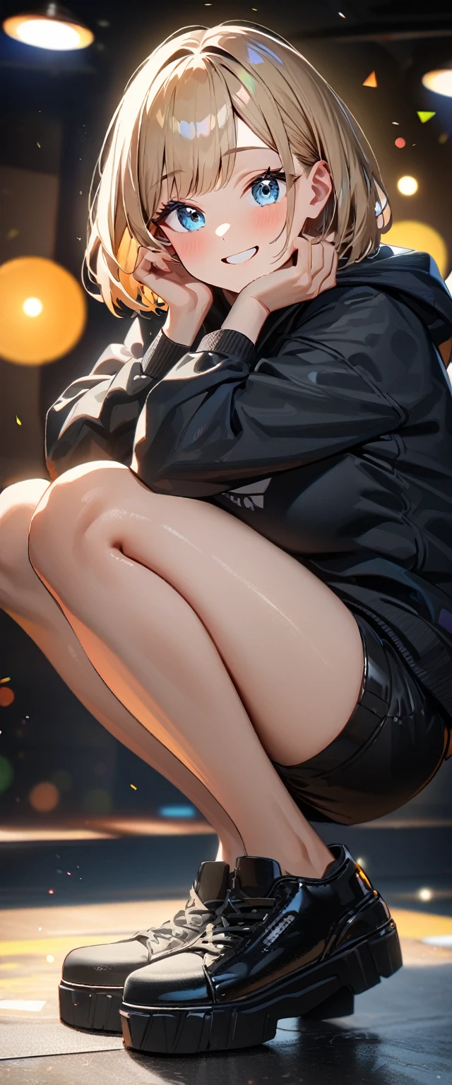 (((One girl))), Shibuya, streat, blond hair, bob cut, (looking at viewer), (((full body))), squatting, head rest, breasts, ager, head tilt:1.3, (((blue eye))), constricted pupils, (from side:1.3), ((happy smile)), (((black hoodie:1.3, black shorts:1.3))), bare legs, ((black platform sneakers)), anime style, (best quality, 4k, 8k, highres, masterpiece:1.2, ultra-detailed, ultra-detailed eyes, HDR, UHD, studio lighting, ultra-fine painting, sharp focus, physically-based rendering, extreme detail description, professional, vivid colors, bokeh)
