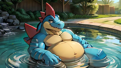 Feraligatr, obese, in water, reclining on his back,  view from behind,