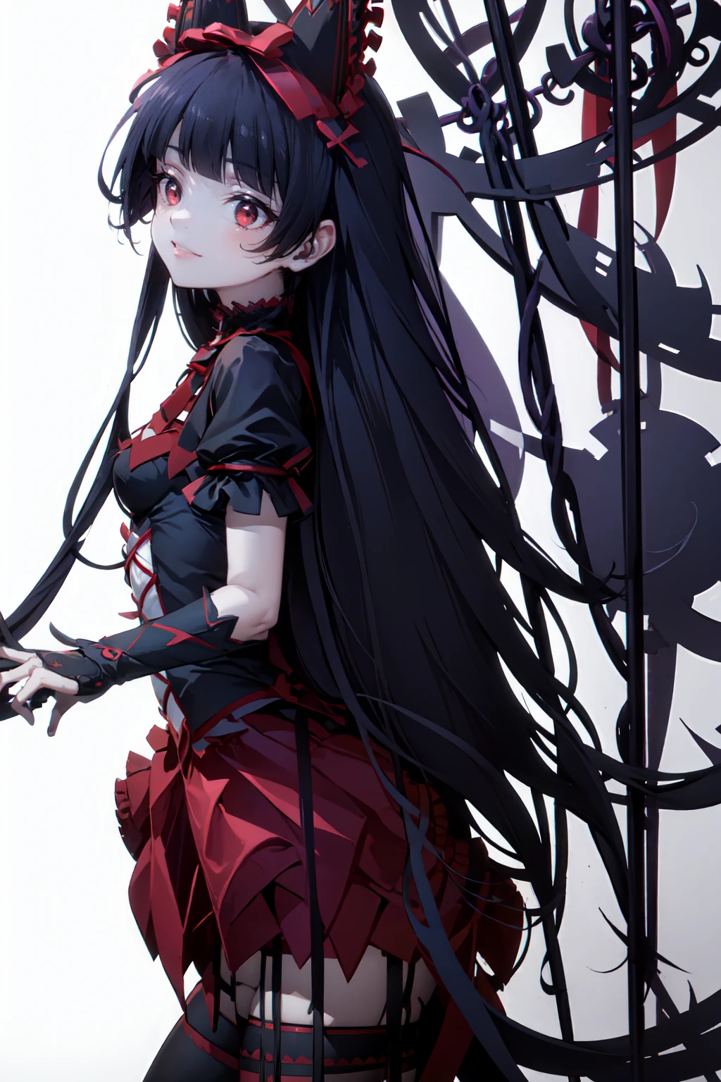 Rory Mercury, Rory Mercury, Black Hair, Blunt bangs, Hime cut, hair ornaments, Red lipstick, Long Hair, Cute face, compensate, (Small box:1.2), (Red eyes:1.5), break Gothic underwear, Perfect body (Small breasts:1.3), break in full growth, Red Shoes, break Black Stockings, Black Gloves break, Black thighs, Garter Straps, gloves, Gothic, Hair Ribbon, Gothicファッション, puffy Short sleeve, Puffy sleeves, Short sleeve, tights, tights, looks at the viewer, break (masterpiece:1.2), Highest quality, High resolution, unity 8k wallpaper, (Illustration:0.8), (Beautiful details in the eyes:1.6), Highly detailed face, Perfect lighting, Highly detailed CGI, (Perfect Arms, Perfect Anatomy), (white background:1.5), I have nothing in my hands, 1girl, whole body, Confused eyes