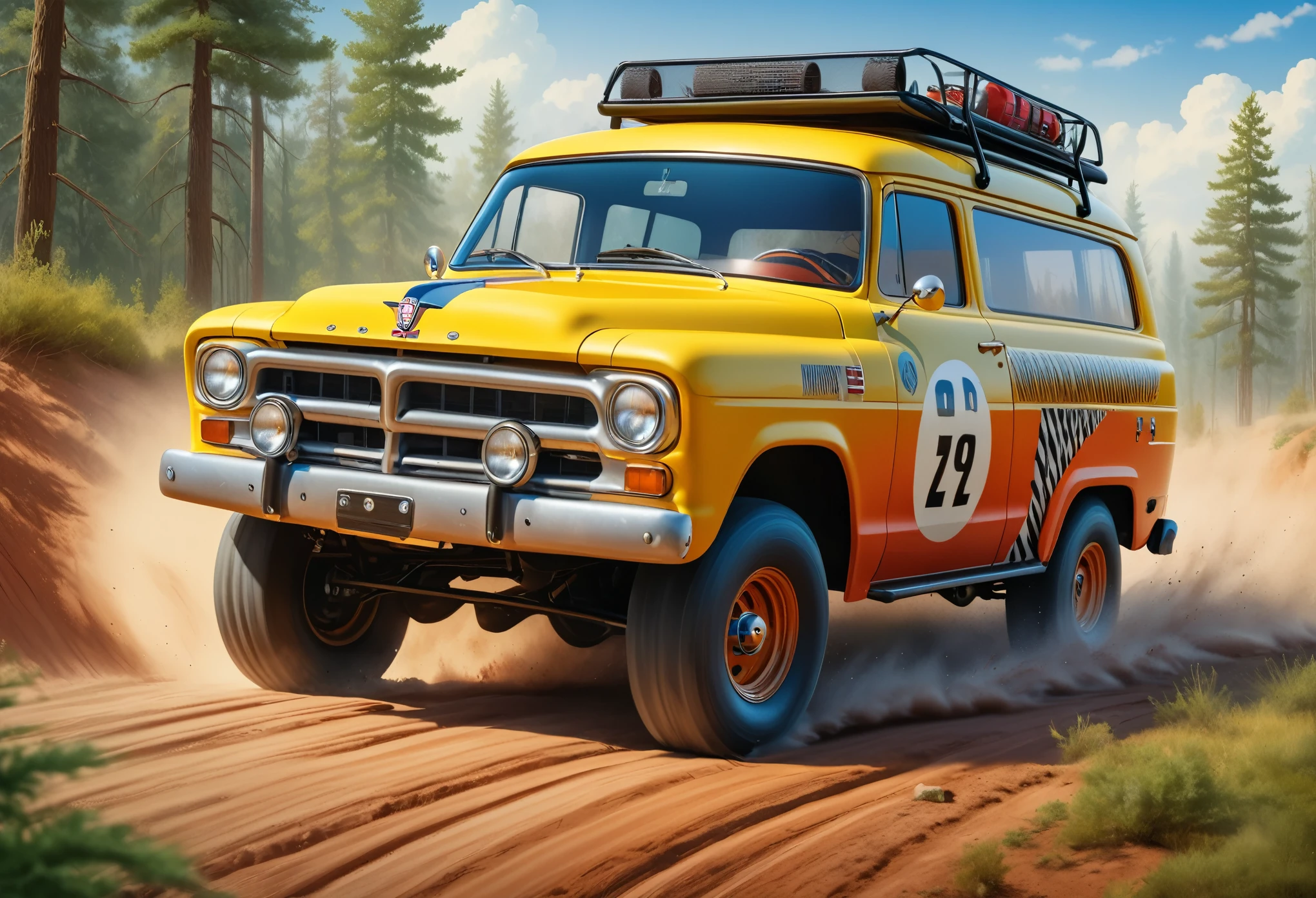 (masterpiece:1.2),(Highest quality),(Very detailed:1.3),(High resolution),8K,wallpaper,An off-road car is racing down a rough road,((Depicting a sense of speed)),front,(1950s American Panel Van),(Dynamic driving of off-road cars:1.3),(Jump),(cool illustration:1.2),Radio-controlled box art,Tamiya Style,(Detailed car depictions:1.2),(A depiction of one off-road vehicle:1.5)