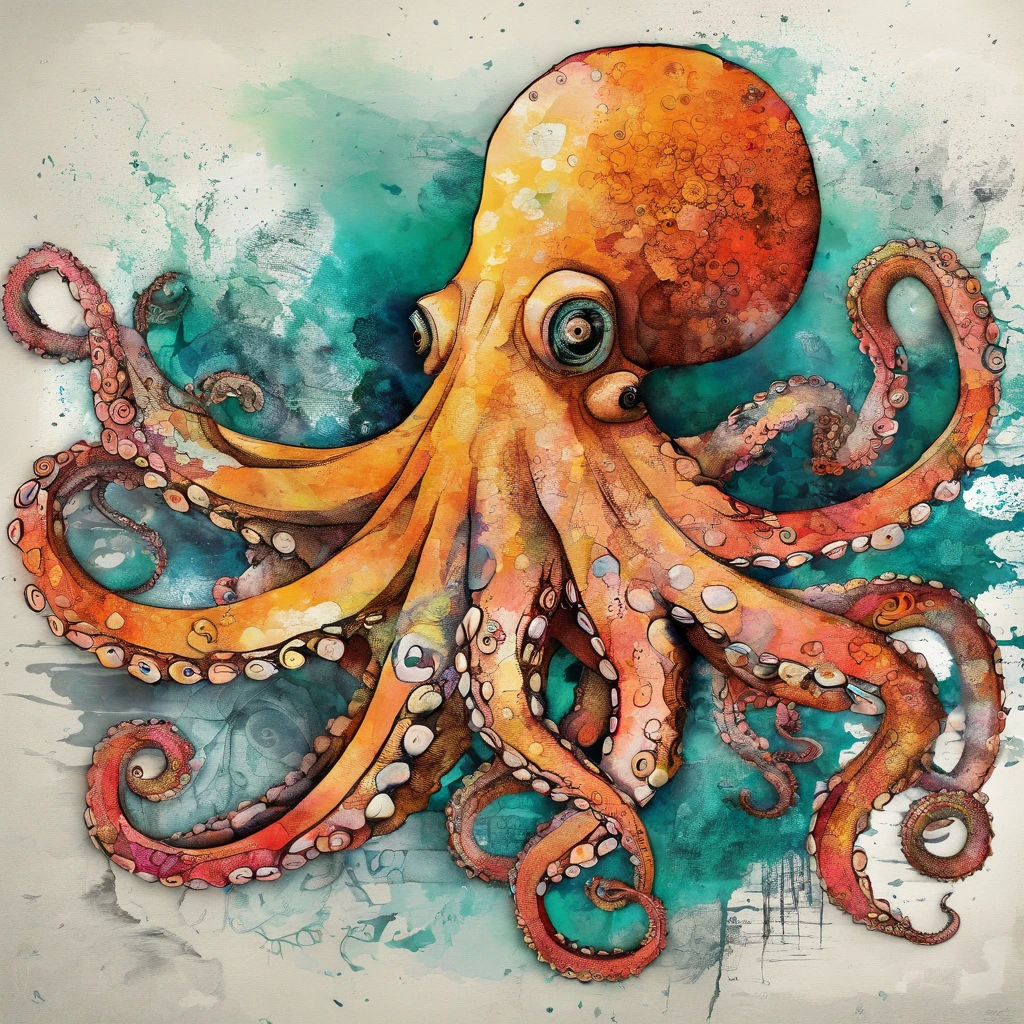 Octopus s’enfuit en répandant de l’encre, attitude méfiante, regard apeuré effrayé, , fonds oceans coraux ::2 colorfull ink painting ::2 fantastic art