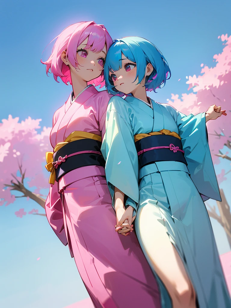 (masterpiece 1:1),(ultra hd picture), (pastel color palette), ((girl 1/girl 2) two Twin anime girls Short hair with different hair colors wearing japanese kimono with different color holding hands each other Love each other pose side by side), (girl 1 hair color pink mix with sky blue, primary hair color:pink, secondary hair color: sky blue, secondary hair color is a accent) ,(girl 1 kimono color blue with yellow accent).(Blue sky pastel hair girl)(girl 2 hair color sky blue mix with pink, primary hair color:sky blue, secondary hair color: pink, secondary hair color is a accent ),(girl 2 kimono color pink with yellow accent). Glowing eyes, HD results, best picture, cinematic angle, lovely expression, cute faces, Detail eyes, (4 fingers), Japan idols stages background.