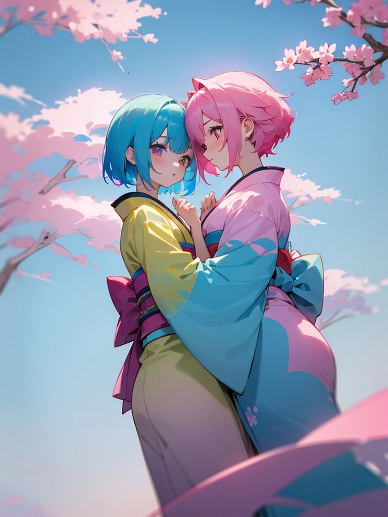 (masterpiece 1:1),(ultra hd picture), (pastel color palette), ((girl 1/girl 2) two Twin anime girls Short hair with different hair colors wearing japanese kimono with different color holding hands each other Love each other pose side by side), (girl 1 hair color pink mix with sky blue, primary hair color:pink, secondary hair color: sky blue, secondary hair color is a accent) ,(girl 1 kimono color blue with yellow accent).(Blue sky pastel hair girl)(girl 2 hair color sky blue mix with pink, primary hair color:sky blue, secondary hair color: pink, secondary hair color is a accent ),(girl 2 kimono color pink with yellow accent). Glowing eyes, HD results, best picture, cinematic angle, lovely expression, cute faces, Detail eyes, (4 fingers), Japan idols stages background.