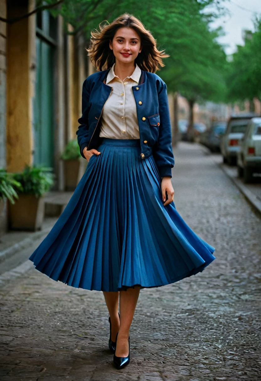 A smiling, authentic, (shy:1,3), kind, beautiful woman, is passionately in love with her skirt, wind lifts her skirt, wearing uniform jacket and very, very detailed (long (fully pleated) full circle skirt) and (low heeled court shoes), very, very intricate hyper-detailed symmetric (attractive graceful young feminine face) with (sad, tired eyes and a loving smile), very voluptuous breasts, full of empathy and compassion and love, (pronounced (feminine) features), (highly detailed ultra accurate realistic) hands and fingers, (windy), epic composition, highly detailed attributes, (35mm f1.4 Kodak portra 400 photograph), extremely high quality RAW photograph, highly detailed atmosphere, sci-fi, cinematic shot, dynamic lighting, 75mm, Technicolor, Panavision, cinemascope, sharp focus, fine details, 8k, HDR, realism, realistic, key visual, film still, superb cinematic color grading, depth of field