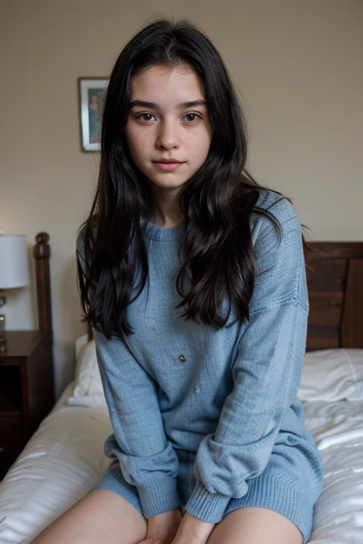  girl with straight black hair wearing a blue sweater