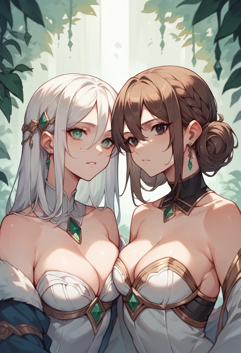 Two twin girls one with silver white hair , emerald eyes and d-cup boobs other with brown hair black eyes and d-cup boobs both age 21