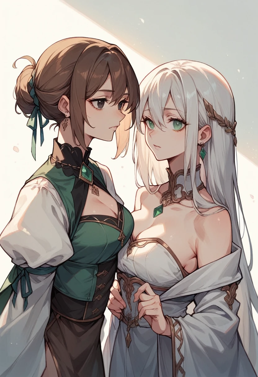 Two twin girls one with silver white hair , emerald eyes and d-cup boobs other with brown hair black eyes and d-cup boobs both age 21