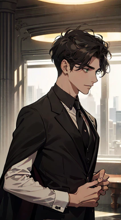 ((a young man in a black suit and tie)), taken in the early 2020s, gotham, alejandro, he looks very sophisticated, (((left side swept black short hair))), (dark green eyes and thick eyebrows), smirk. ((20 years old)), ((Black suite and black tie)), masterpiece, posture dynamic, one person, ((brown skin))
