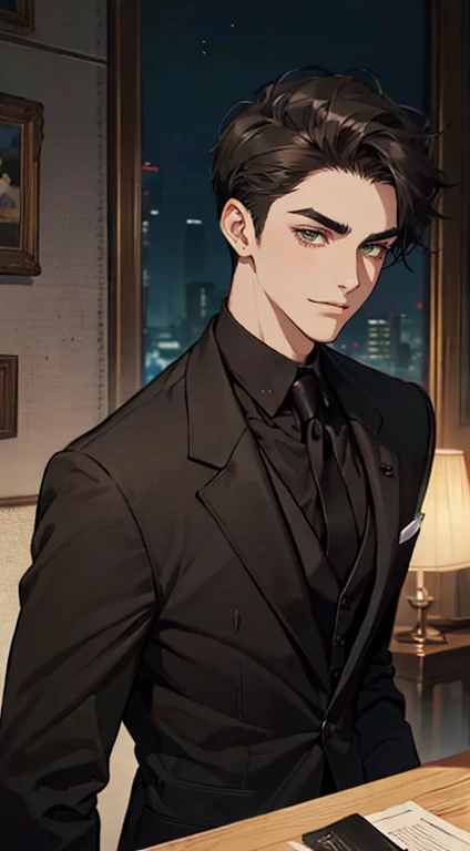 ((a young man in a black suit and tie)), taken in the early 2020s, gotham, alejandro, he looks very sophisticated, (((left side swept black short hair))), (dark green eyes and thick eyebrows), smirk. ((20 years old)), ((Black suite and black tie)), masterpiece, posture dynamic, one person, ((brown skin))