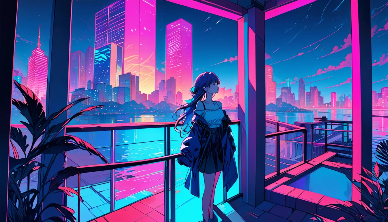 masterpiece,Highest quality,1 Synthwave girl,Blue outline,Neon cityscape,Blue fluorescent paint,solo,From below,Cowboy Shot,Rooftop of a building,Highly detailed CG,Flat Color,Limited palette,Line art,silhouette,Partially colored,Alternate Color,Dynamic Angle,Water hair long hair、Blue long upper champagne,Dark purple shadow,Synth Wave,chromatic aberration,(soloフォーカス)、Perfect Shadow、Wearing an off-the-shoulder floating jacket、Delicate face、、Beautiful and delicate eyes、Delicate background、Blue Neon Light、night、