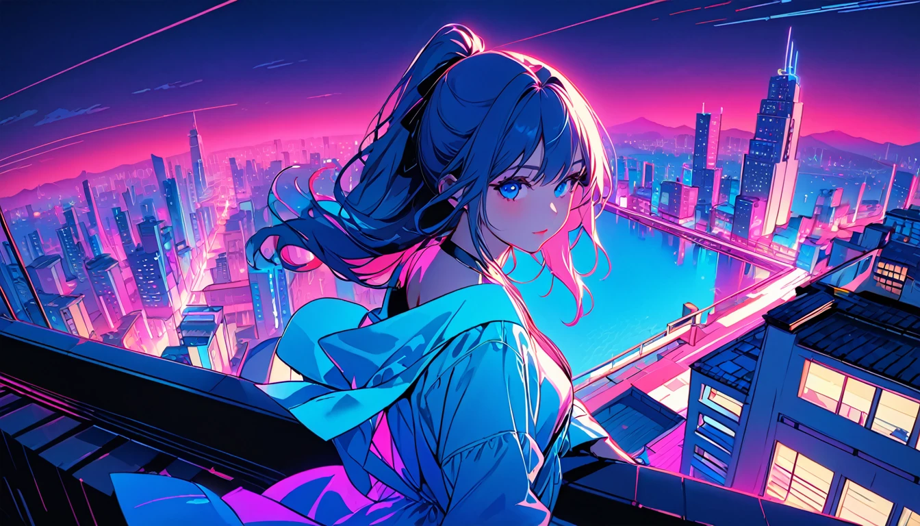masterpiece,Highest quality,1 Synthwave girl,Blue outline,Neon cityscape,Blue fluorescent paint,solo,From below,Cowboy Shot,Rooftop of a building,Highly detailed CG,Flat Color,Limited palette,Line art,silhouette,Partially colored,Alternate Color,Dynamic Angle,Water hair long hair、Blue long upper champagne,Dark purple shadow,Synth Wave,chromatic aberration,(soloフォーカス)、Perfect Shadow、Wearing an off-the-shoulder floating jacket、Delicate face、、Beautiful and delicate eyes、Delicate background、Blue Neon Light、night、