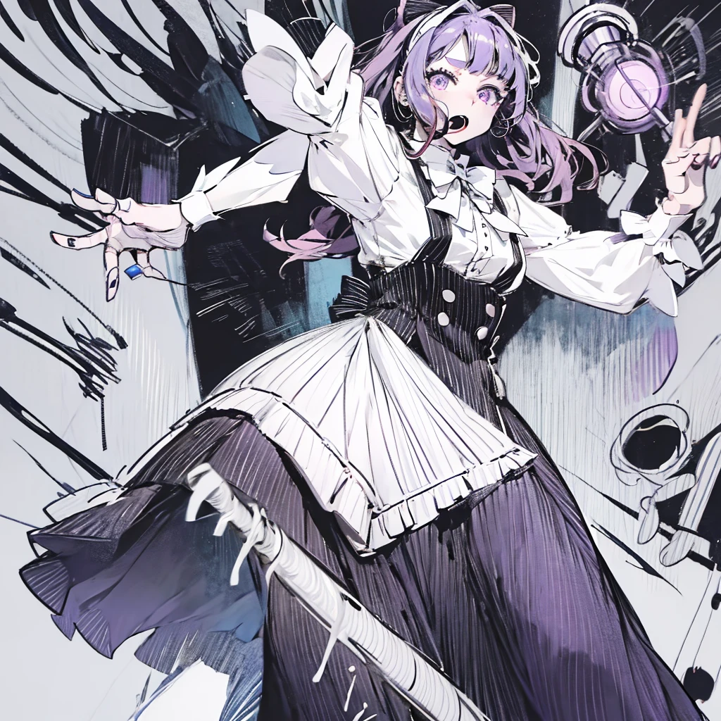 A 20-year-old Japanese girl with long purple hair and one purple eye and one black eye. She plays in a rock band and usually wears black-pink **** dresses. She has pale skin