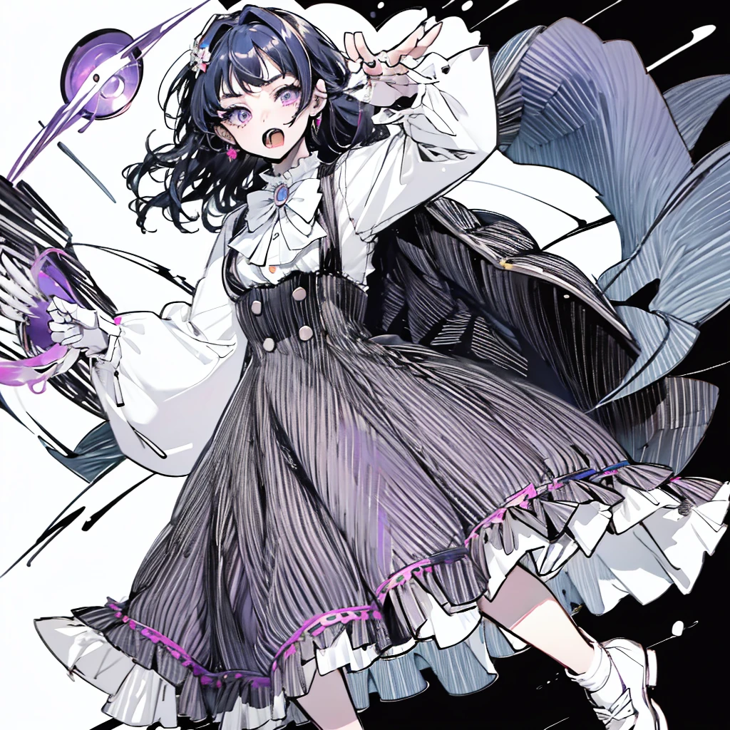 A 20-year-old Japanese girl with long purple hair and one purple eye and one black eye. She plays in a rock band and usually wears black-pink loli dresses. She has pale skin