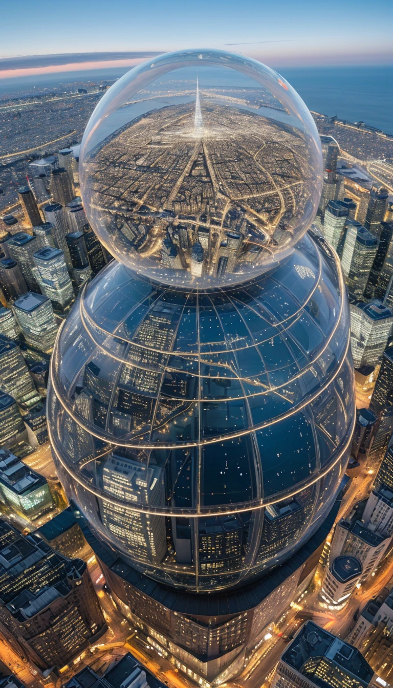 Aerial view of the city model in the huge transparent glass hemisphere in the foreground,Beautiful glittering bird's-eye view city model, Behind is a giant astronaut wearing a mirrored helmet standing on a white desert background, There's an eerie feeling in the air, Sad cloudy day, Diffuse lighting