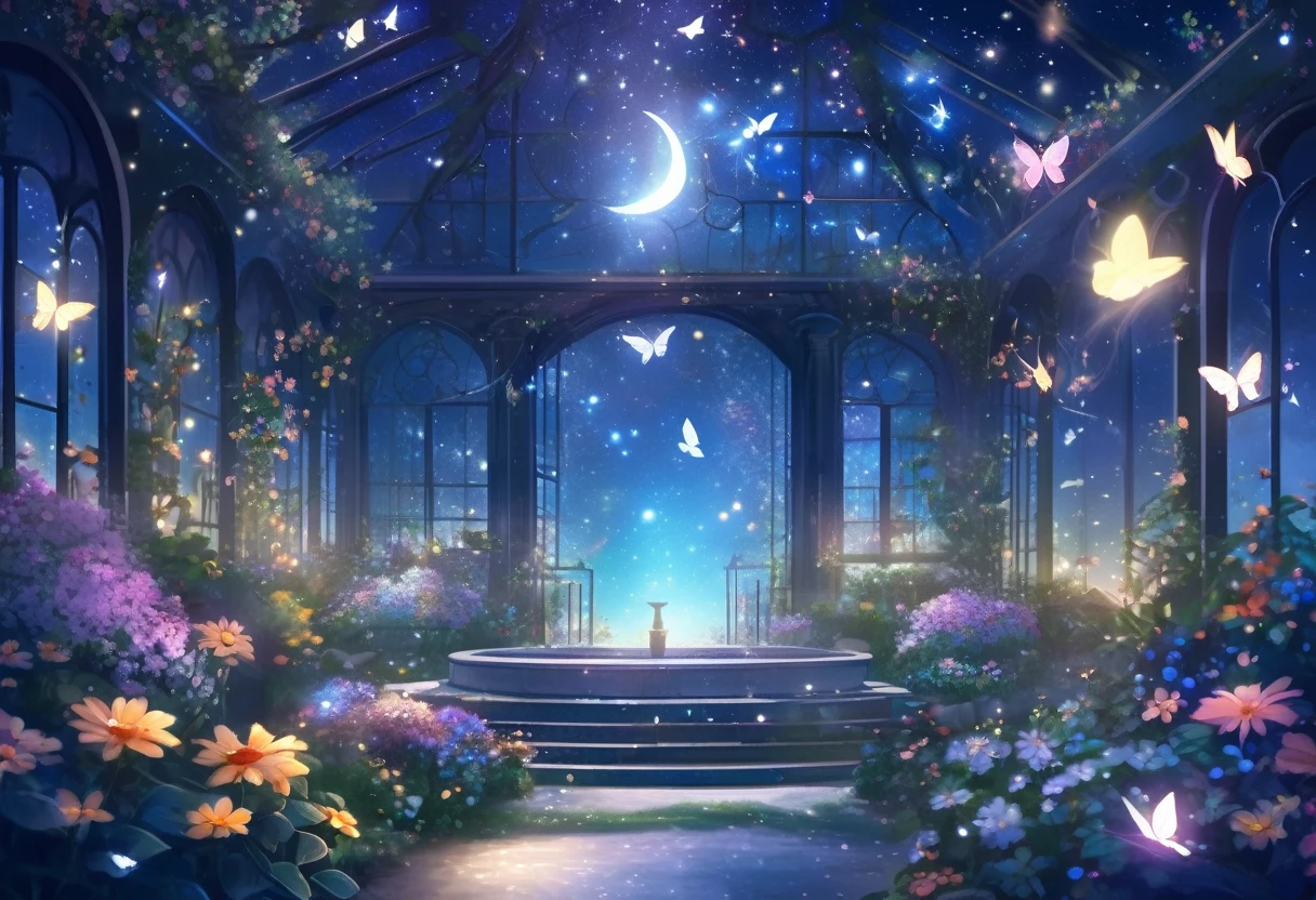 ((Highest quality)),((high-res)),night, Starry Sky, A magical indoor garden, moon, Sparkling water fountain, Lots of flowers, Glowing Butterfly, The background is a garden with petals and papas flying around