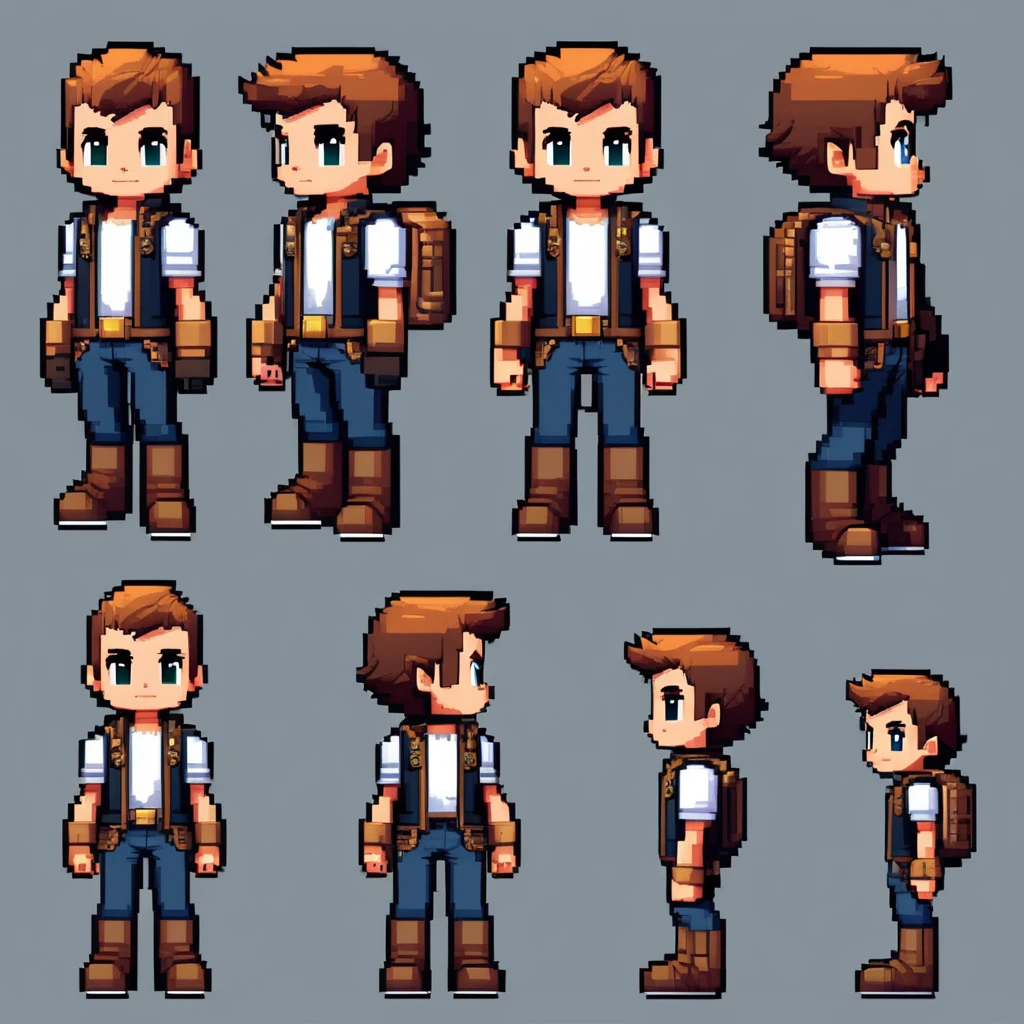 Pixel art,pixel art,Create an original character design sheet,main character of the game,boy,juvenile,#39;s outfit,natural perm,musical instrument,bard,((3 views,whole body, background,multiple views,High resolution)),multiple views,multiple poses,Active,action pose,dynamic,nice,masterpiece,highest quality,In detail,Gracefully,RPG,Famicom,Multiple characters,multiple outfits,Final Fantasy,boldly,ASSASIN , BLACK COAT , HUNTER, BLACK HOODIE, ARMOR, DARK SHADOW