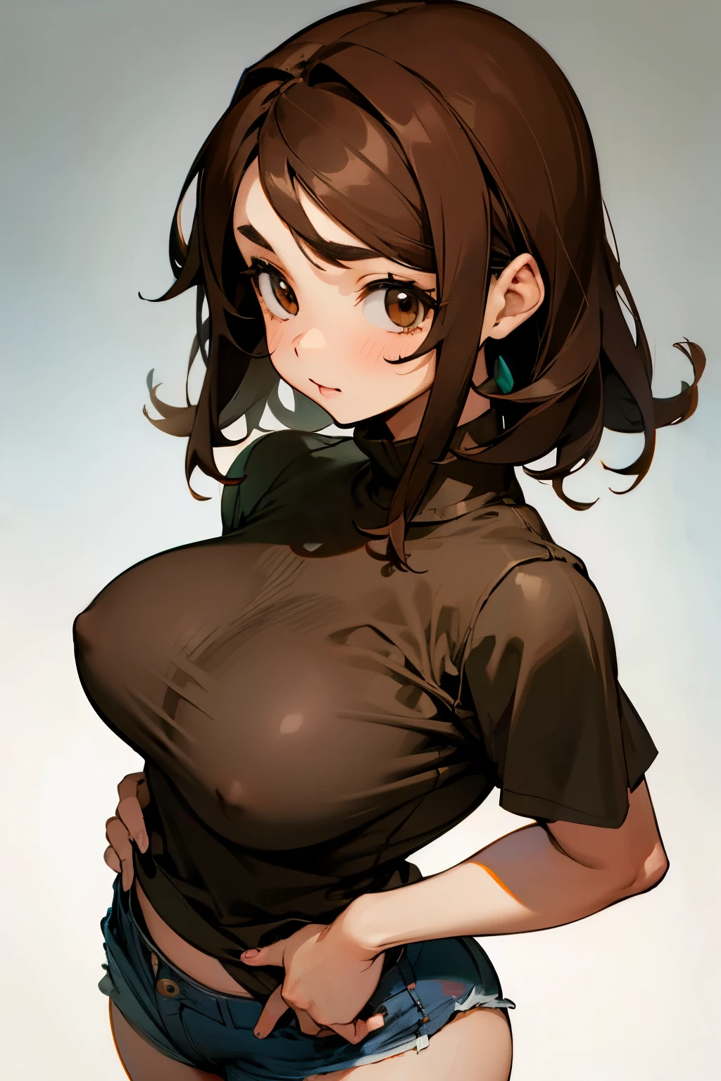 Cute girl, brown hair, brown eyes, big breasts, short shorts