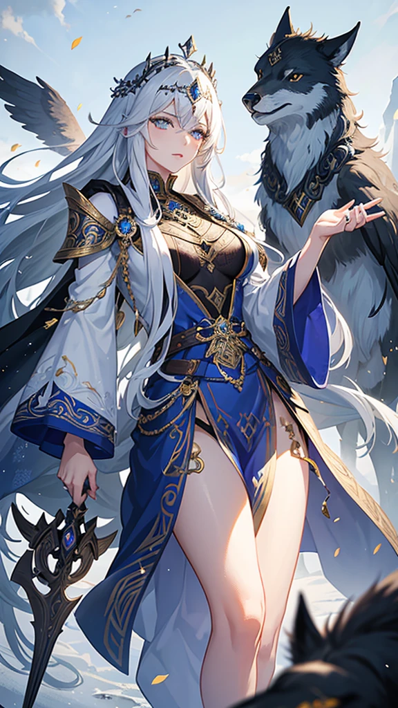 Create an illustration of Odin from Norse mythology reimagined as a beautiful girl. This female Odin should embody elegance and power. She has strikingly beautiful, sharp, regal features with high cheekbones, a delicate nose, and full lips. She has one piercing icy blue or silver eye radiating wisdom and authority, and her other eye is covered with a patch or hidden by her hair, symbolizing the eye Odin sacrificed for wisdom. Her long, flowing hair is either silver or golden, cascading down her back with a slightly wild, untamed look.
She wears a combination of Norse warrior and royal attire, including a long, flowing cloak, fur accents, and intricate armor with runic engravings. The colors of her outfit are rich and regal, such as deep blues, blacks, and metallic gold or silver. She wears a crown or circlet reflecting her status as the All-Father, with intricate designs possibly incorporating raven or wolf motifs. She holds an elegantly designed spear, Gungnir, with confidence.
The background is a grand, mystical setting reflecting Asgard, including elements like the Yggdrasil tree glowing with ethereal light. The sky is a twilight mix of purples and blues, with the Bifrost bridge visible in the distance. Her two ravens, Huginn and Muninn, are perched on her shoulders or flying nearby, adding a sense of movement and life to the illustration. Her wolves, Geri and Freki, stand by her side, looking majestic and protective.
The overall atmosphere is mystical and awe-inspiring, with a sense of ancient wisdom and power. The lighting is dramatic, with highlights and shadows accentuating her features and attire.