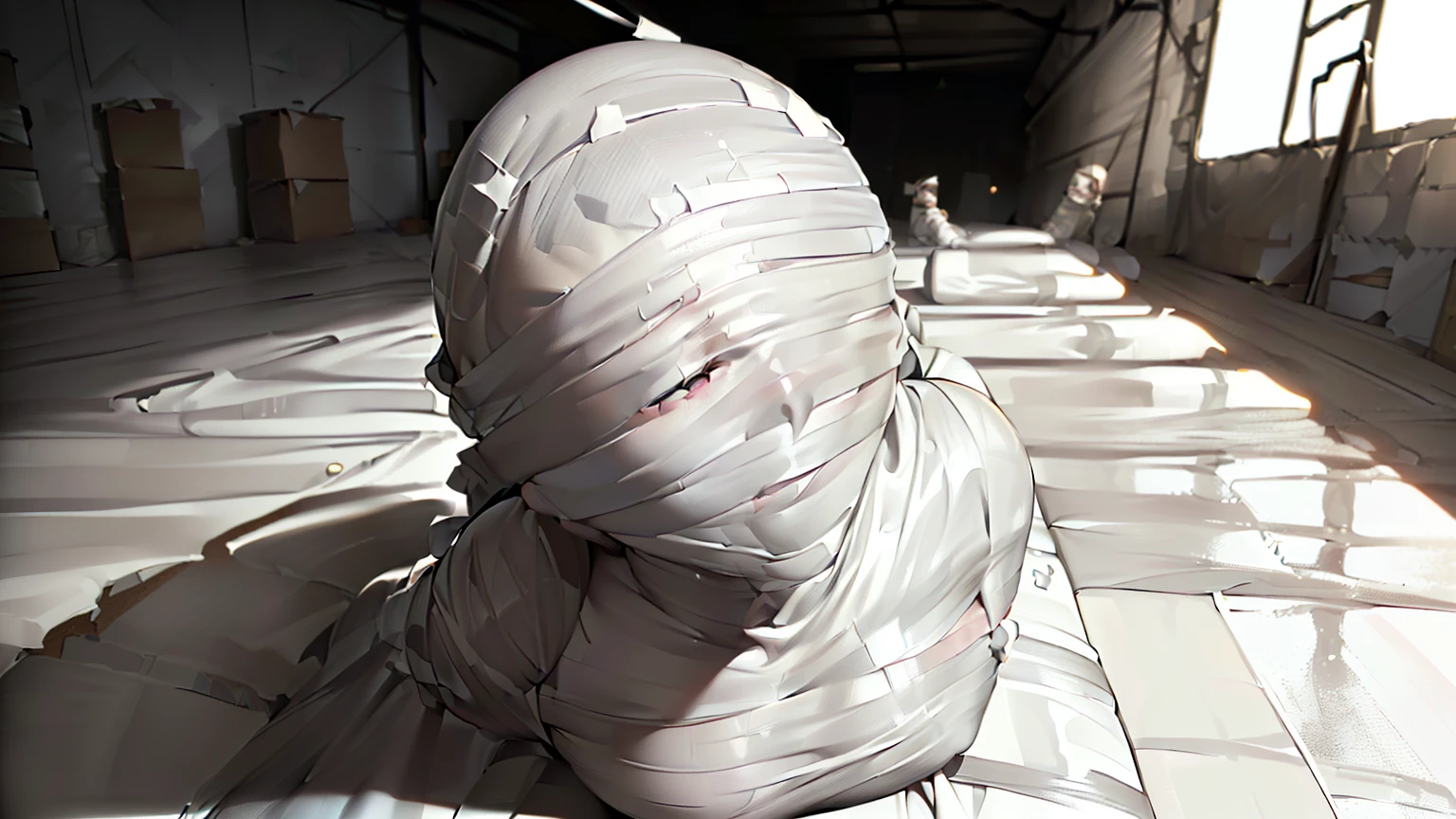 mummification, blindfold, tape gagged, (1 girl:1.4), ((Imprisoned in a warehouse)), (Highly detailed CG Unity 8k), (highest quality), (Very detailed), (Ultra-high resolution), ((Hands tied behind back)), ((Wrap the heads around with white duct tape:1.4)), (((Wrap the eyes around with white duct tape:1.5))), ((Wrap the mouth around with white duct tape:1.4)), ((blindfold around with white duct tape:1.4)), ((Wrap the face around with white duct tape:1.4)), ((From head to toe, wrap them in white duct tape to make a mummification:1.5)),