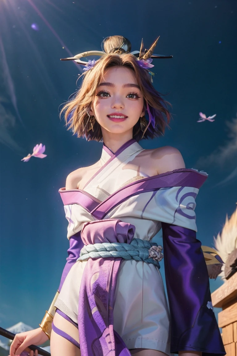 (masterpiece, best quality:1.2) from below intricate details, spirit blossom soraka, 1girl, purple skin, colored skin, single horn, kimono, hair ornament, bare shoulders, smile