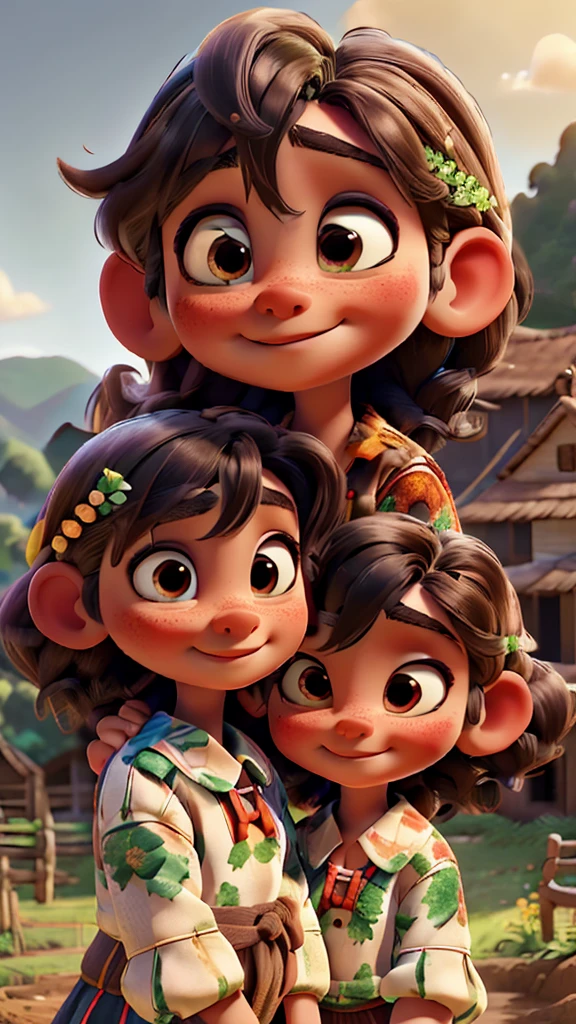 A family visiting their maternal village, a countryside landscape with rolling hills, lush green fields, traditional mud brick houses, a winding river, people working in the fields, children playing, warm afternoon sunlight, vibrant colors, detailed textures, photorealistic, cinematic composition, natural lighting, beautiful detailed eyes, beautiful detailed lips, extremely detailed faces and expressions, 1 man, 2 women, 2 children, traditional local clothing, warm smiles, relaxed poses, sense of community and belonging, (best quality,8k,highres,masterpiece:1.2),ultra-detailed,(realistic,photorealistic,photo-realistic:1.37),HDR,UHD,vivid colors,natural lighting