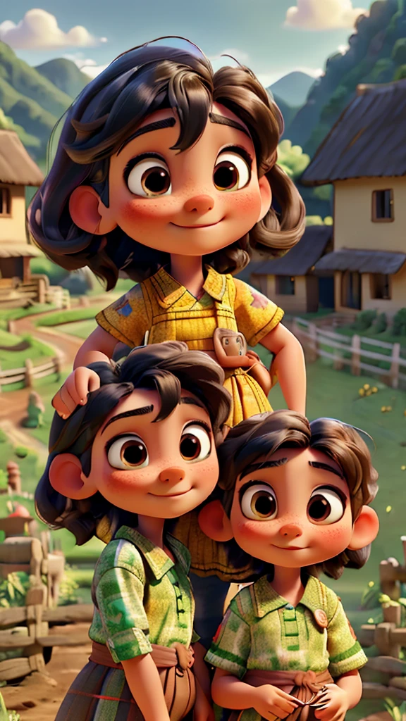 A family visiting their maternal village, a countryside landscape with rolling hills, lush green fields, traditional mud brick houses, a winding river, people working in the fields, children playing, warm afternoon sunlight, vibrant colors, detailed textures, photorealistic, cinematic composition, natural lighting, beautiful detailed eyes, beautiful detailed lips, extremely detailed faces and expressions, 1 man, 2 women, 2 children, traditional local clothing, warm smiles, relaxed poses, sense of community and belonging, (best quality,8k,highres,masterpiece:1.2),ultra-detailed,(realistic,photorealistic,photo-realistic:1.37),HDR,UHD,vivid colors,natural lighting