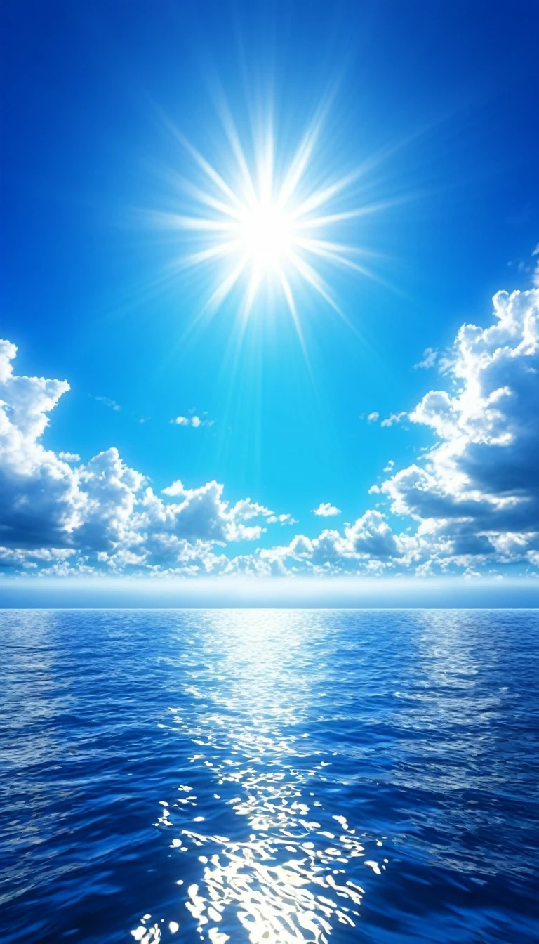 Images with the sea and sky as the center:1.5、Summer sky,Realistic,Very realistic,Extreme Detail,Breathtakingly realistic,High contrast realism,High Saturation Realism,Vibrant colors,Dramatic lighting,Fascinating landscape,Persuasive storytelling,Atmospheric scenery,Captivating visuals,Intricate details,Strong emotions,Heavenly Beauty,A dreamlike world、(A lot of light is pouring down from the sky:1.5)、scattered clouds