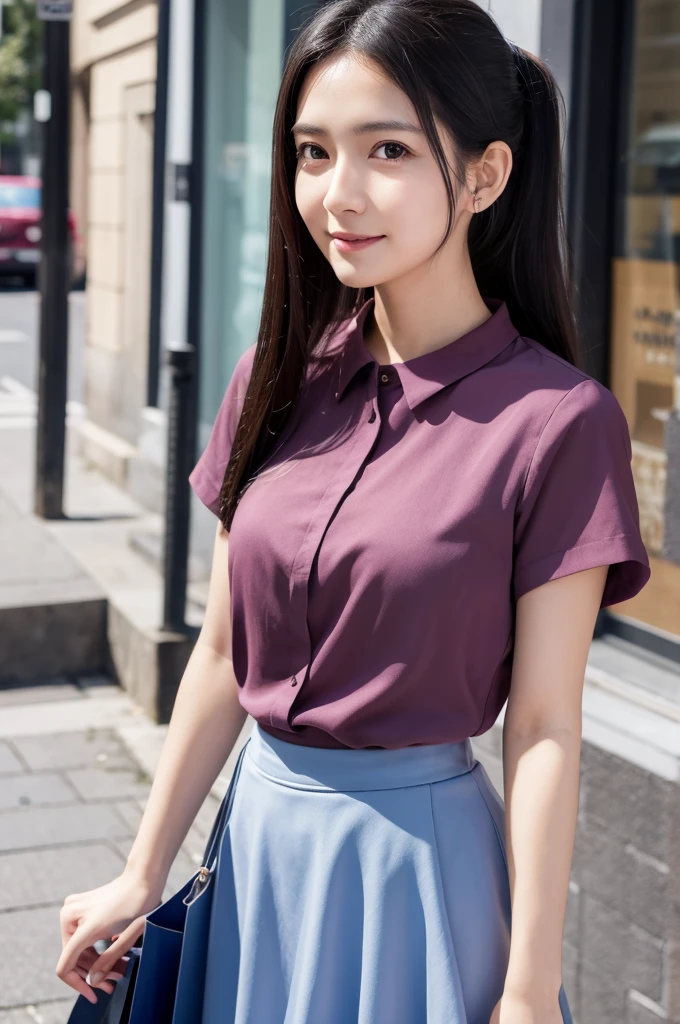 Pink blouse,Dark blue flared skirt,26 years old,OL,Black Hair,Straight Hair,ponytail,Dark Eyes,Small Face,Clean eyes,Small Mouth,slender,Young face,Lori,Flat chest,Shopping Street,live-action,Realistic photos,8K,Smile,Ultra HD,Standing posture,whole body,bag,A sweet face,