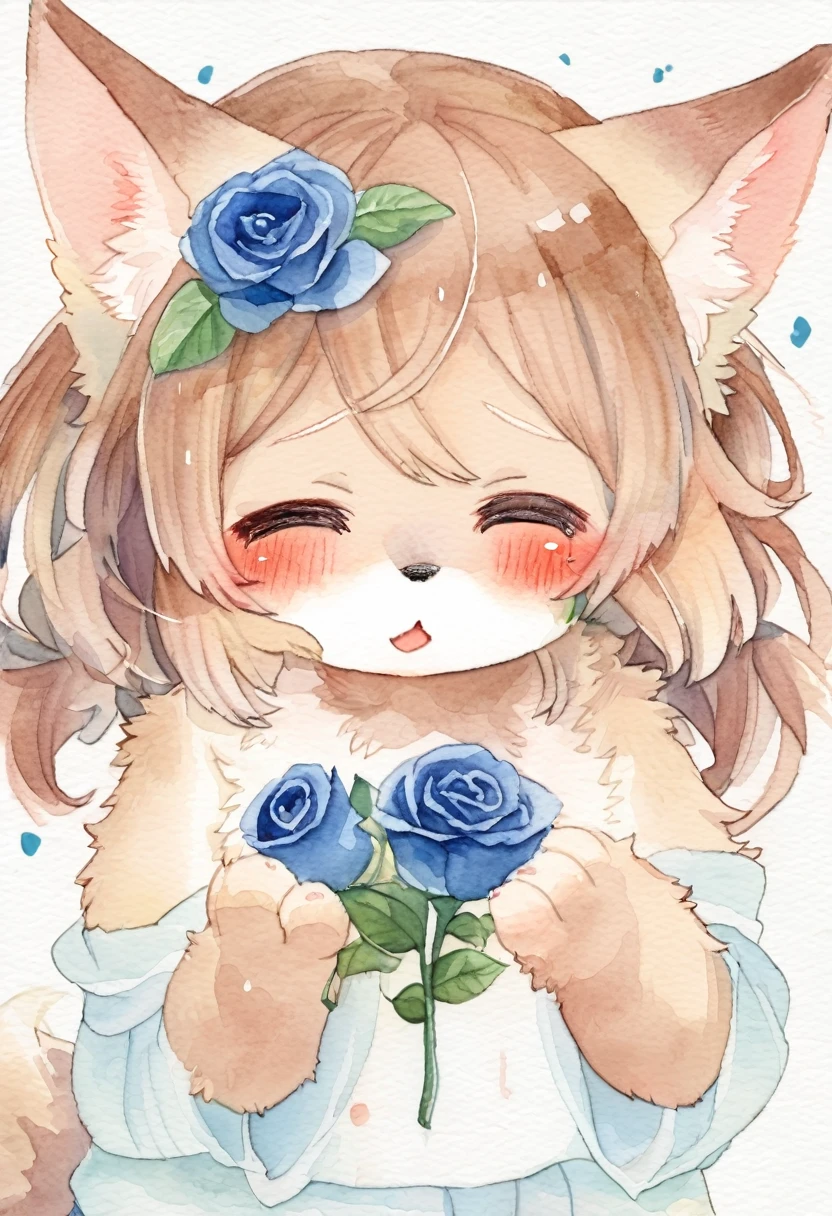 Watercolor elements, 1girl, kemono, furry, detailed body fur, animal face, animal hand, embarrassed after being handed a blue rose and proposed,