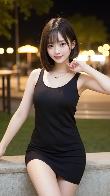 Tabletop, Highest quality, figure, Super detailed, In detail, High resolution, 8k wallpaper, Perfect dynamic composition, Beautiful attention to detail, dress, short hair, Center of chest, Natural color lip, Random sexy poses,smile, Blurred park background at night、20-year-old girl、huge 、Too much exposure、Tank top(black)、Expose your breasts、Slid、I keep my hair tied