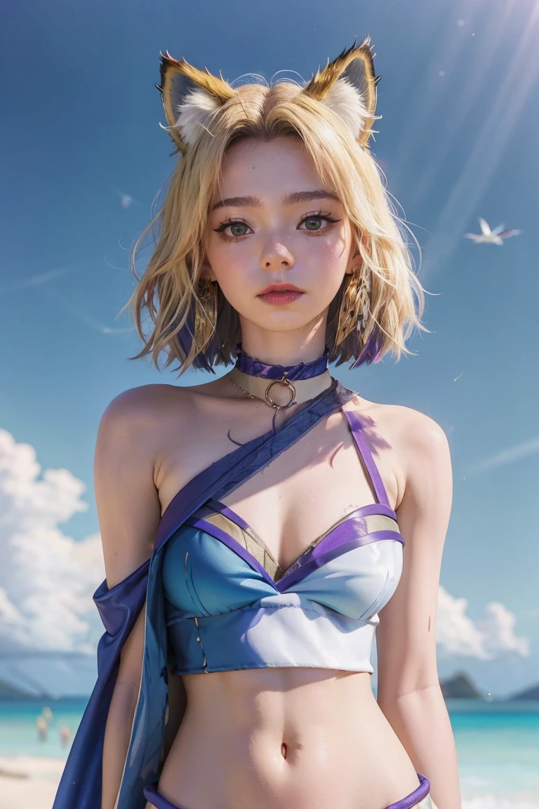 k/da_ahri, 1girl, ahri (league of legends), breasts, animal ears, blonde hair, solo, fox ears, k/da (league of legends), long hair, cleavage, tail, whisker markings, looking at viewer, facial mark, choker, large breasts, bare shoulders, fox tail, jewelry, yellow eyes, upper body, multiple tails, bangs, shiny, collarbone, covered navel, earrings